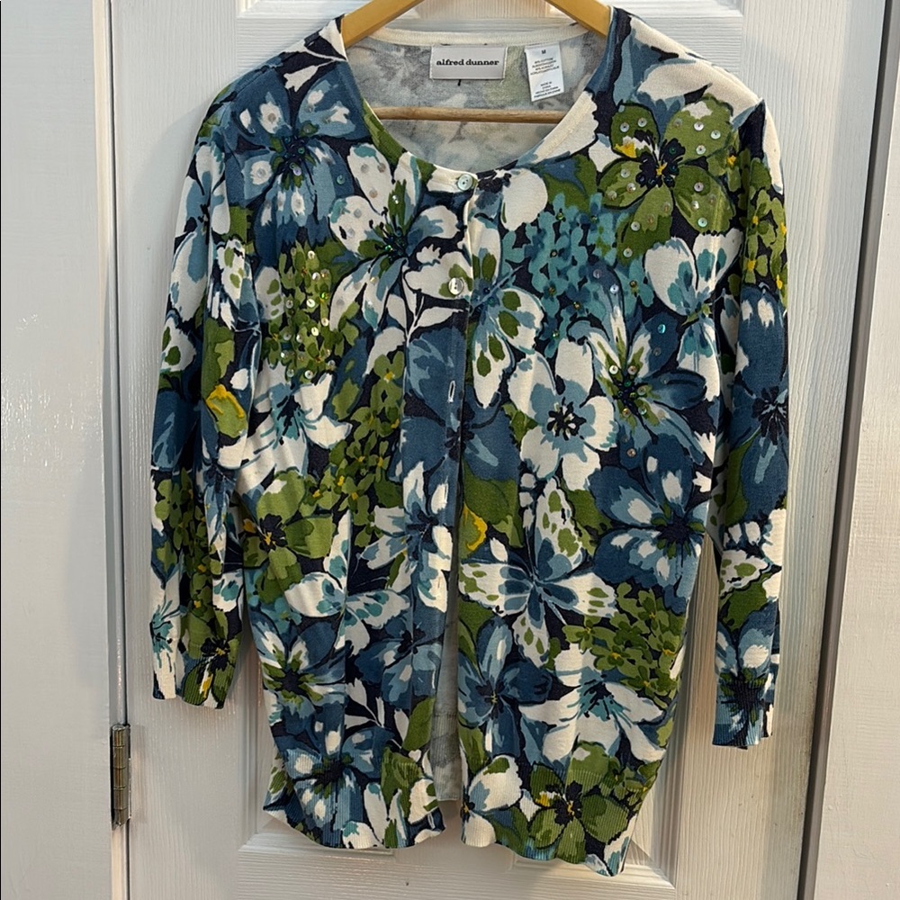 Alfred Dunner Floral Cardigan with Blue and Green Accents, size M